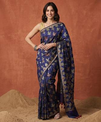 Navy blue silk blend woven saree with blouse 1