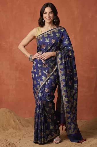 Navy blue silk blend woven saree with blouse