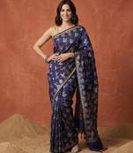 Navy blue silk blend woven saree with blouse