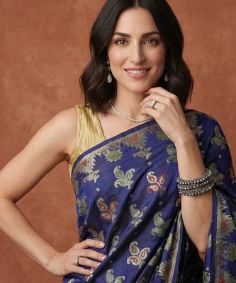 Navy blue silk blend woven saree with blouse 3