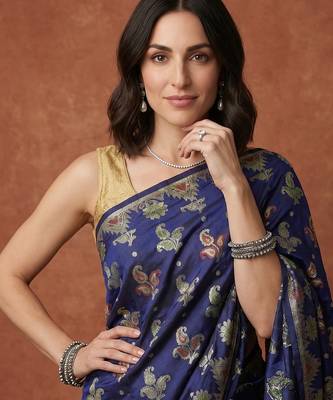 Navy blue silk blend woven saree with blouse 4