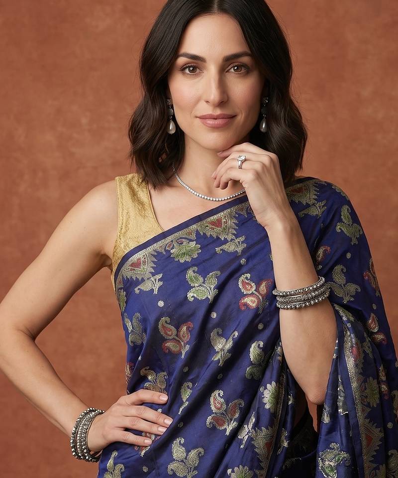 Navy blue silk blend woven saree with blouse