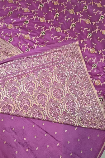 Lavender satin woven saree with blouse