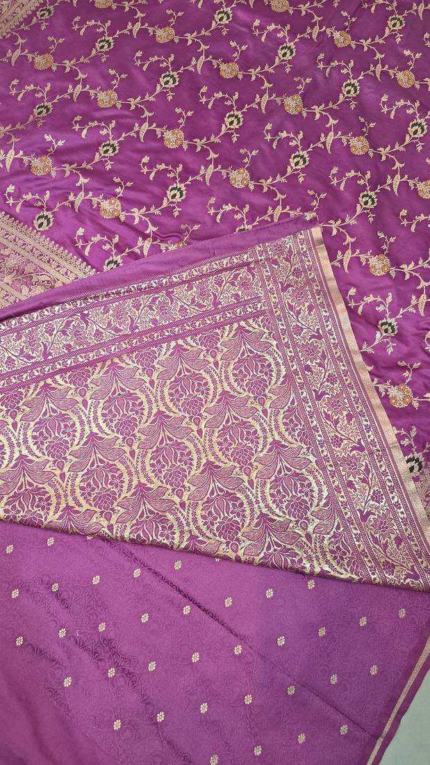 Lavender satin woven saree with blouse