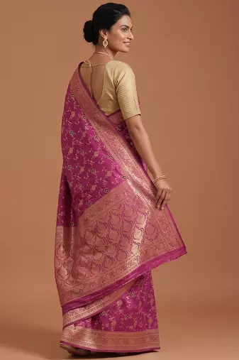 Lavender satin woven saree with blouse