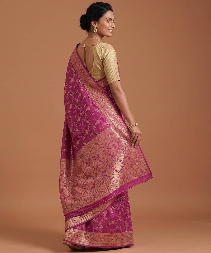 Lavender satin woven saree with blouse