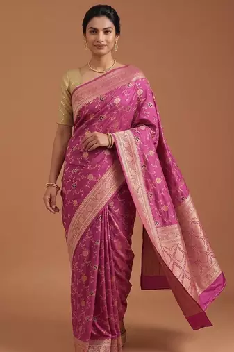 Lavender satin woven saree with blouse