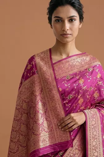 Lavender satin woven saree with blouse