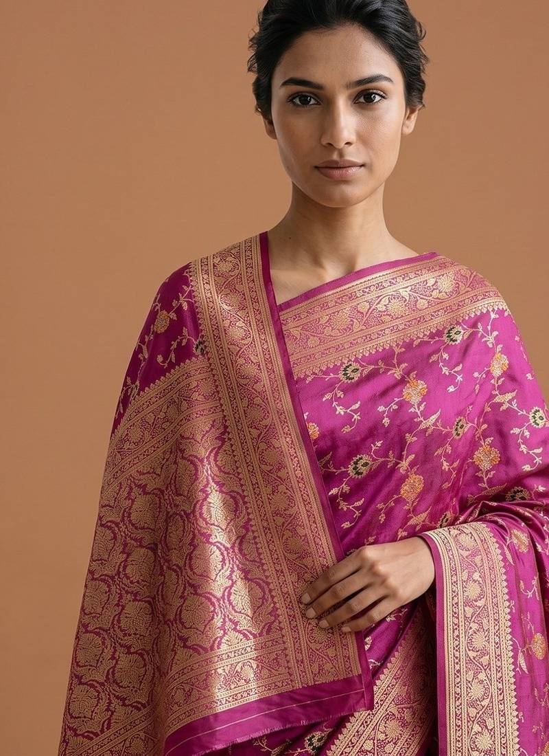Lavender satin woven saree with blouse