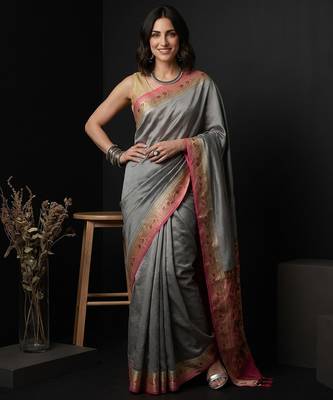 Grey silk blend woven saree with blouse 1