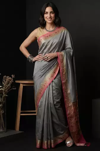 Grey silk blend woven saree with blouse