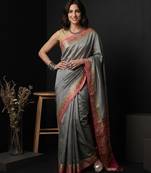 Grey silk blend woven saree with blouse