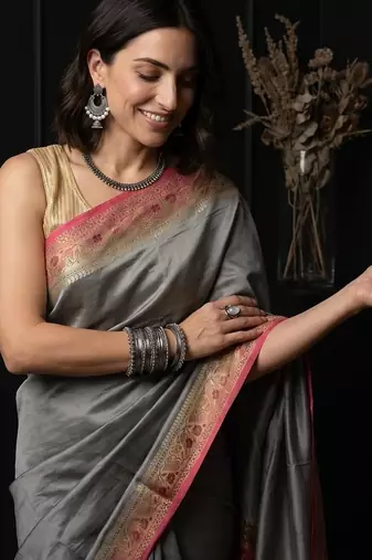 Grey silk blend woven saree with blouse