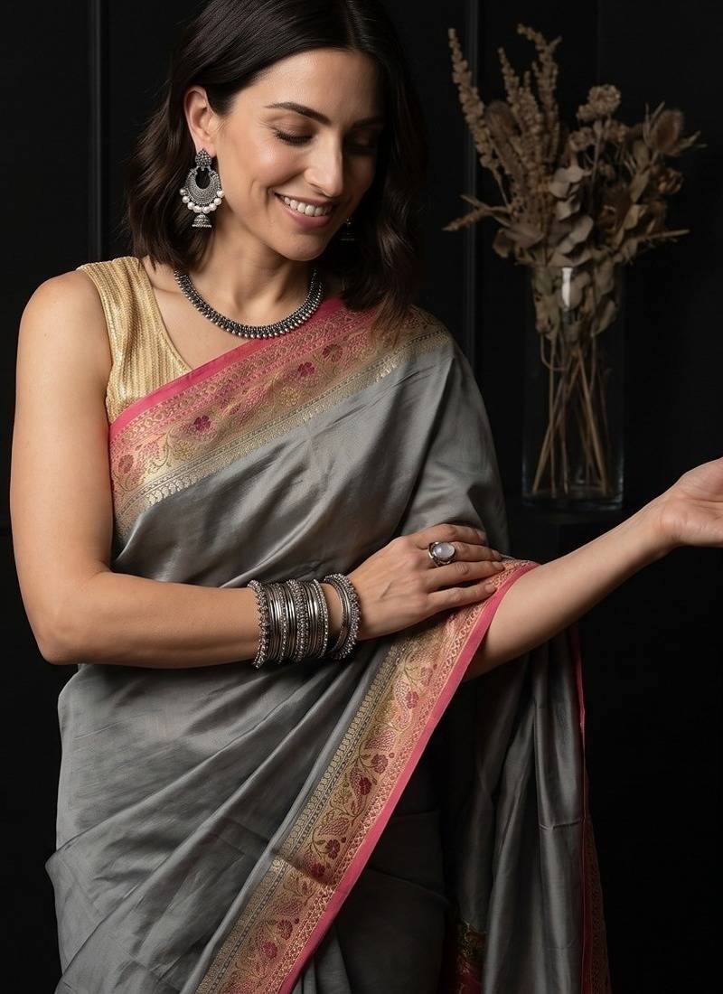 Grey silk blend woven saree with blouse
