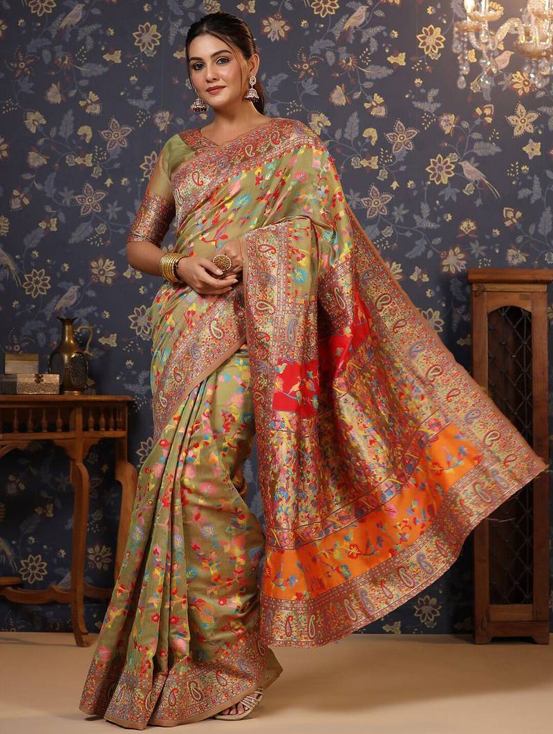 Lime embellished paisley woven design zari saree