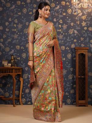 Lime embellished paisley woven design zari saree 2