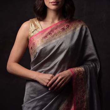 Grey silk blend woven saree with blouse 3