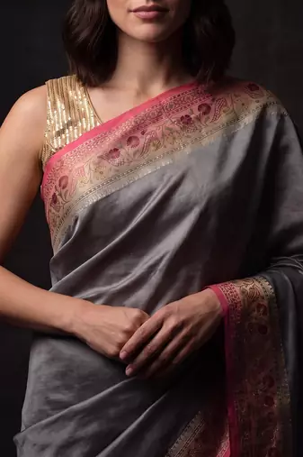 Grey silk blend woven saree with blouse