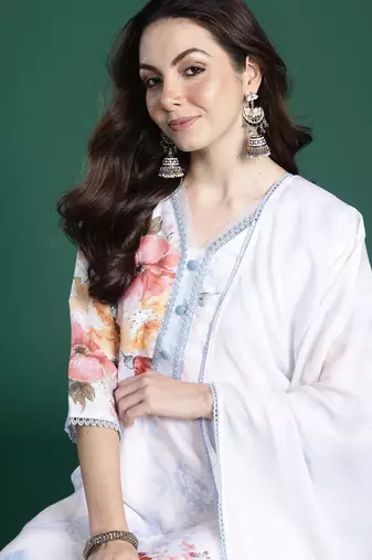 White printed linen kurta trouser dupatta set