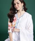 White printed linen kurta trouser dupatta set
