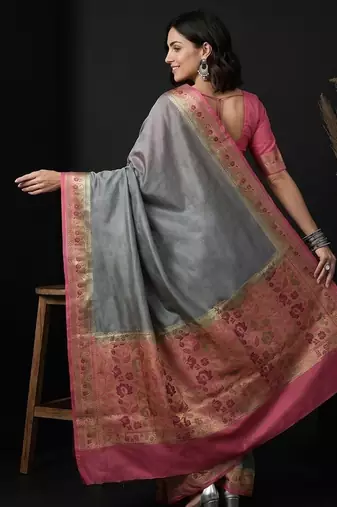 Grey silk blend woven saree with blouse