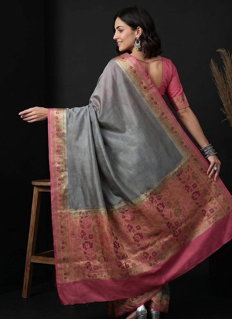Grey silk blend woven saree with blouse