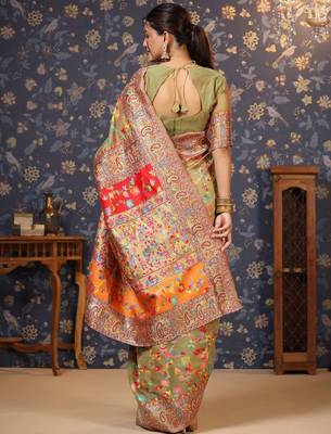 Lime embellished paisley woven design zari saree 3