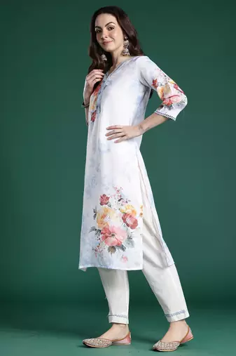 White printed linen kurta trouser dupatta set