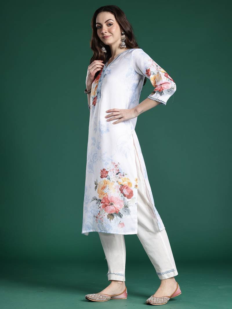 White printed linen kurta trouser dupatta set