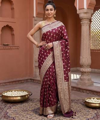 Maroon satin woven saree with blouse 1