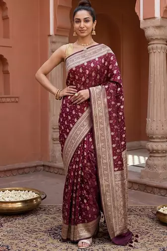 Maroon satin woven saree with blouse