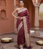 Maroon satin woven saree with blouse