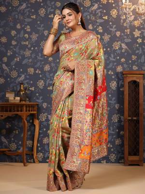 Lime embellished paisley woven design zari saree 4