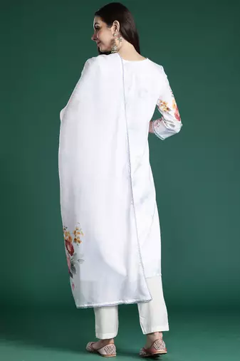 White printed linen kurta trouser dupatta set