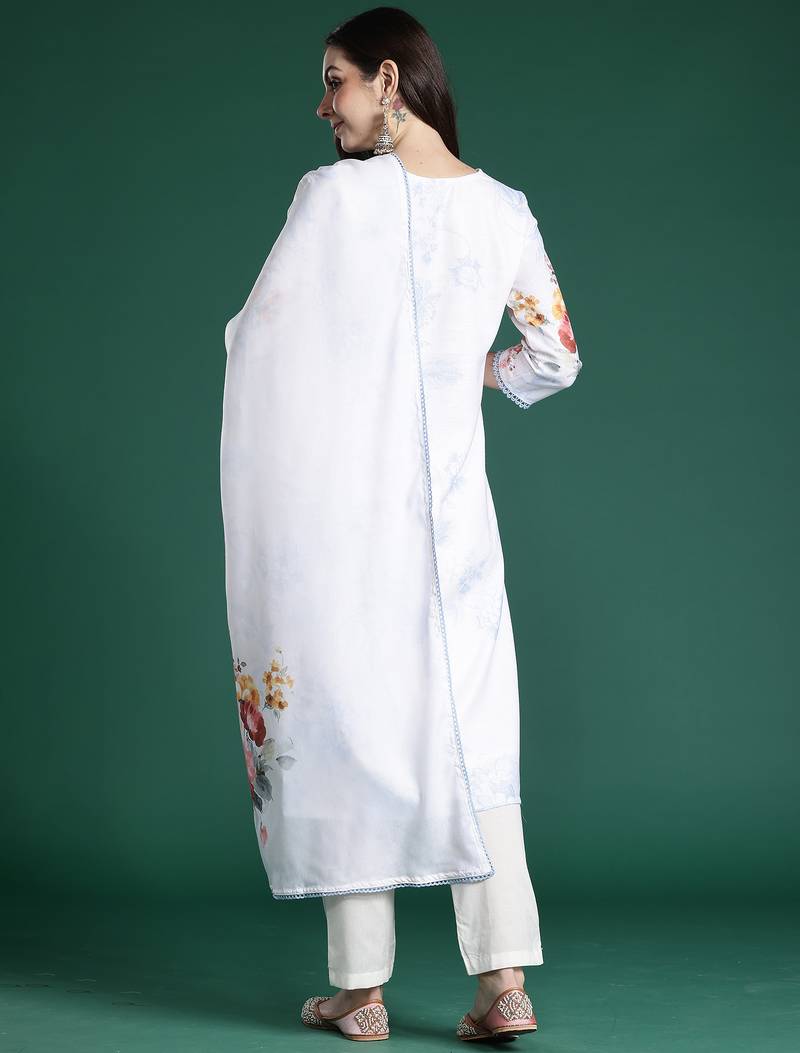 White printed linen kurta trouser dupatta set