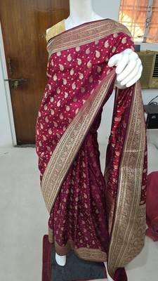 Maroon satin woven saree with blouse 2