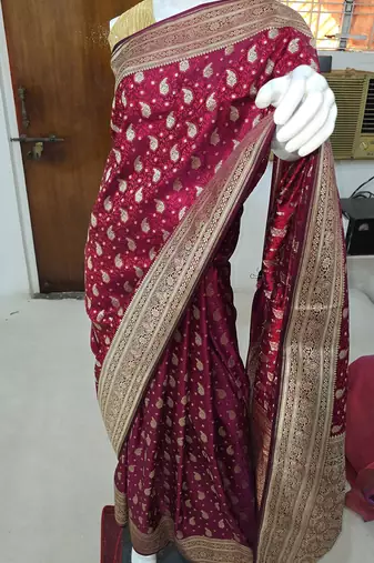 Maroon satin woven saree with blouse
