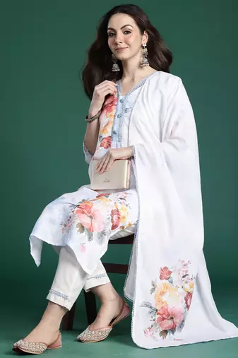 White printed linen kurta trouser dupatta set