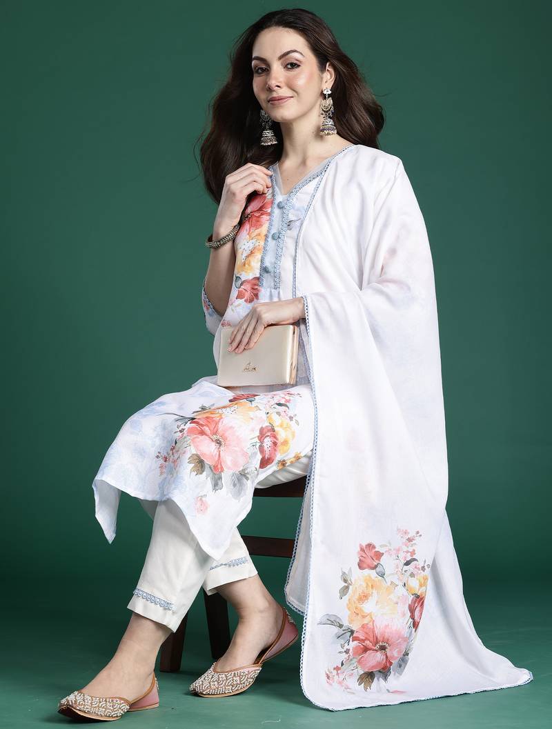 White printed linen kurta trouser dupatta set