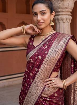 Maroon satin woven saree with blouse 3
