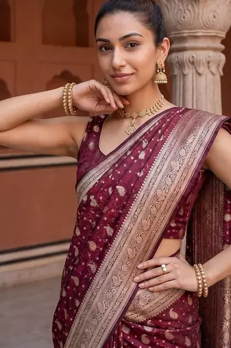 Maroon satin woven saree with blouse