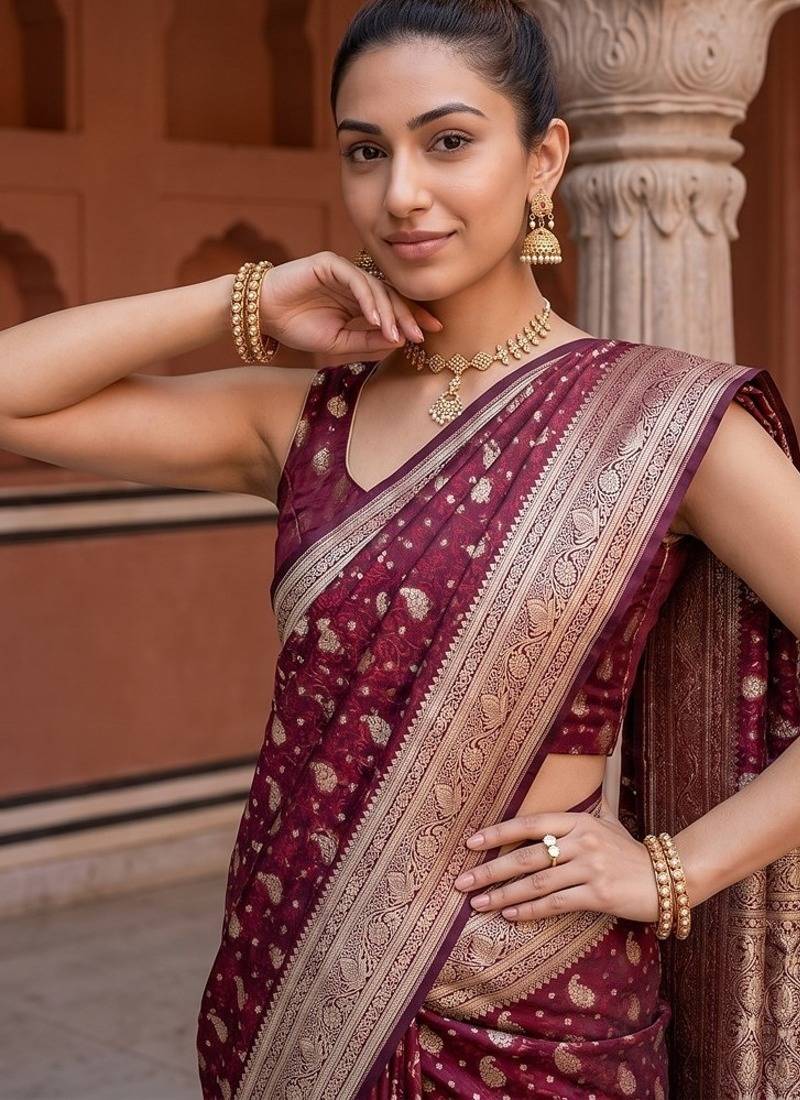 Maroon satin woven saree with blouse