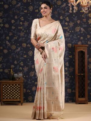 Off white woven design pure linen banarasi sarees 1