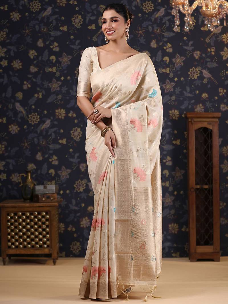 Off white woven design pure linen banarasi sarees