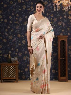 Off white woven design pure linen banarasi sarees 2