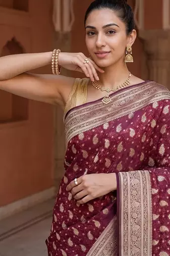 Maroon satin woven saree with blouse
