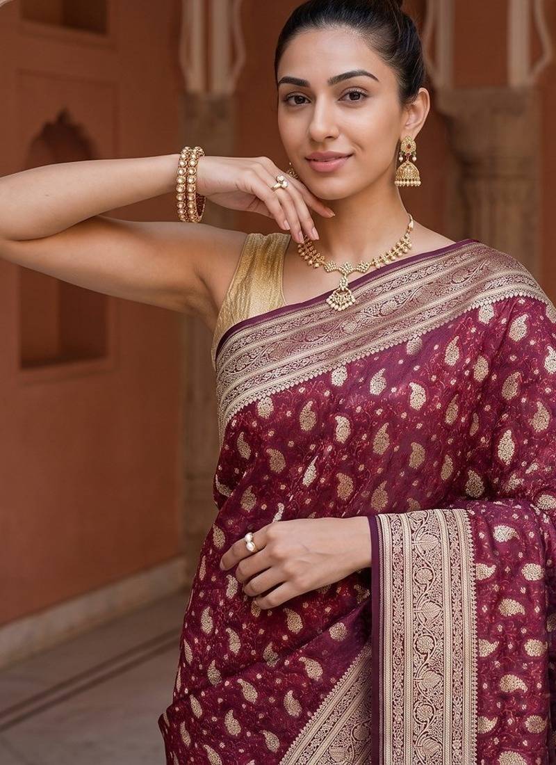 Maroon satin woven saree with blouse