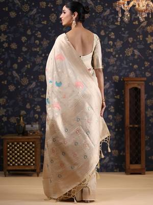Off white woven design pure linen banarasi sarees 3