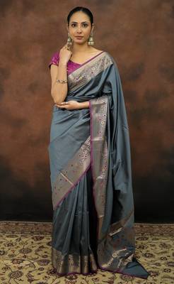 Grey katan silk woven saree with blouse 1