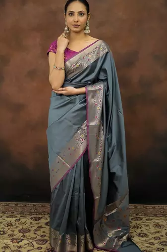 Grey katan silk woven saree with blouse